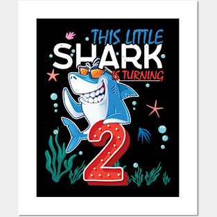 Turning 2 Years Old, Boy Girl Shark Birthday Theme, 2nd Bday Posters and Art